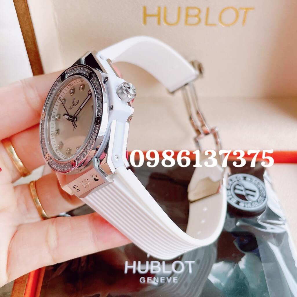 Đồng Hồ Nữ Hublot Big Bang Dây Silicon Trắng Vỏ Bạc Đính Đá Tròn Size 39mm