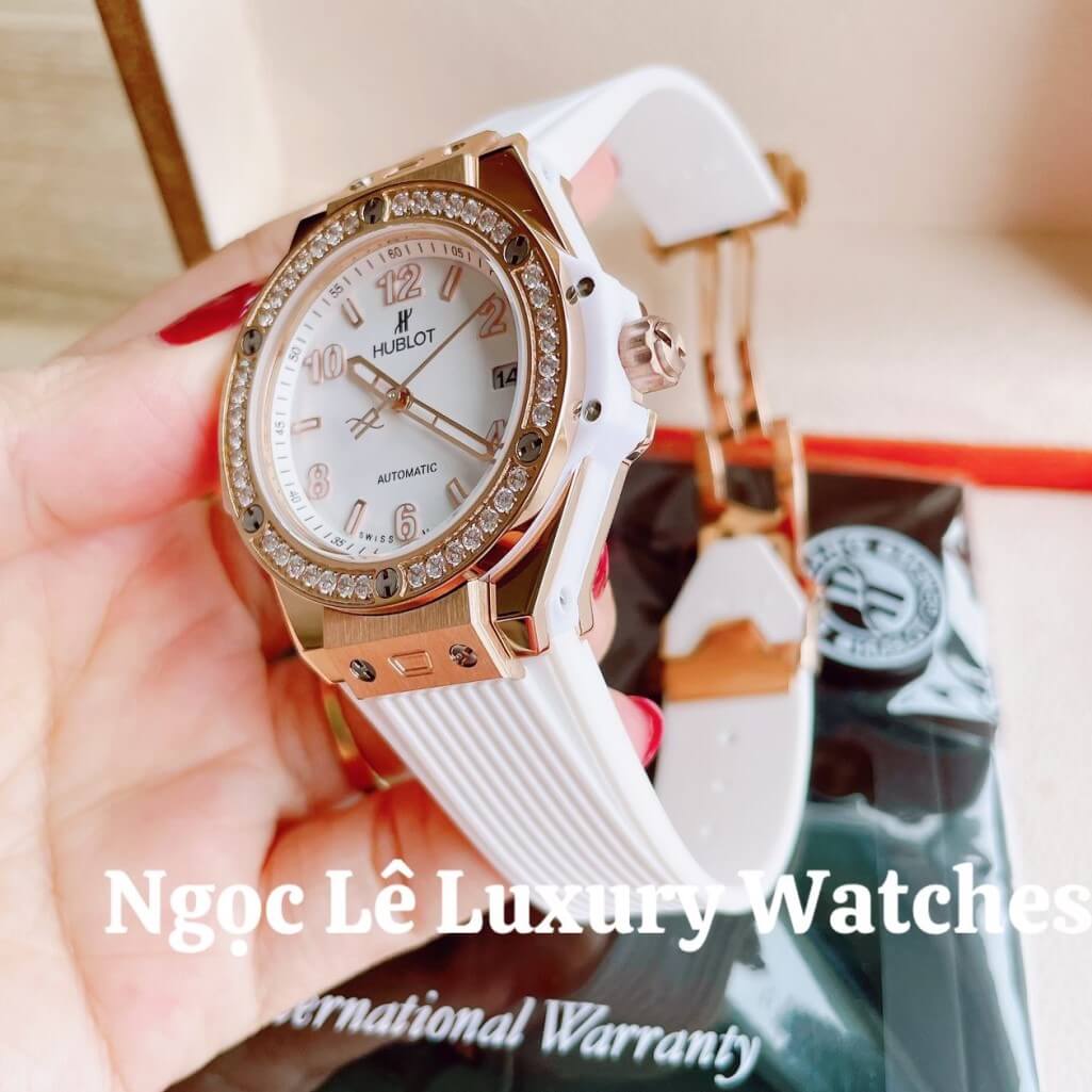 Đồng Hồ Nữ Hublot Big Bang Dây Silicon Trắng Vỏ Rose Đính Đá Tròn Size 39mm