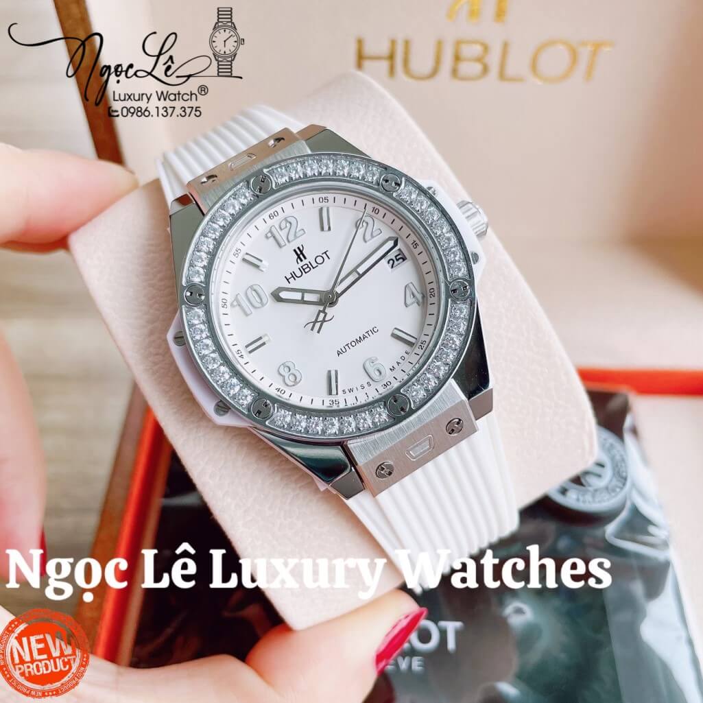 Đồng Hồ Nữ Hublot Big Bang Dây Silicon Trắng Vỏ Bạc Đính Đá Tròn Size 39mm