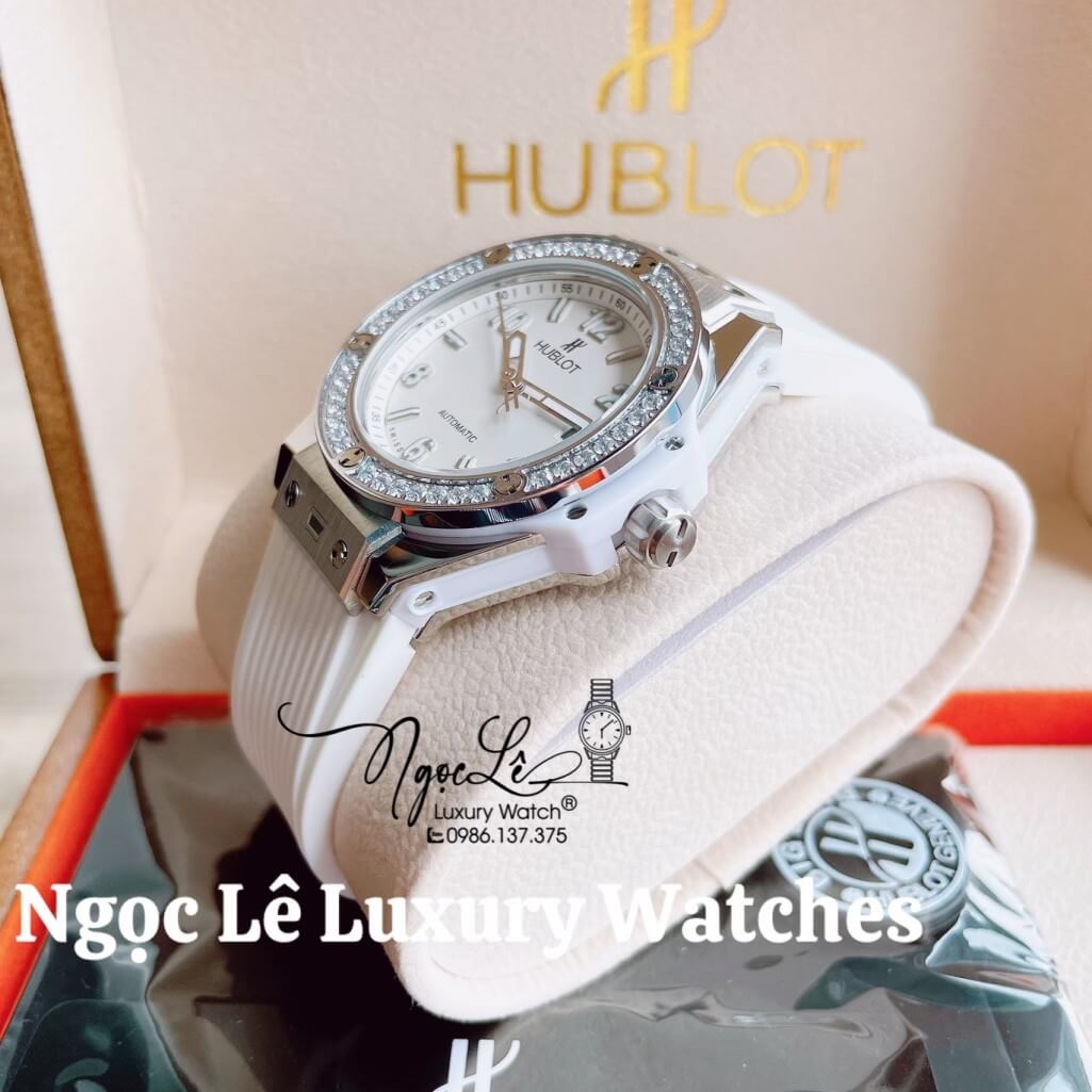 Đồng Hồ Nữ Hublot Big Bang Dây Silicon Trắng Vỏ Bạc Đính Đá Tròn Size 39mm