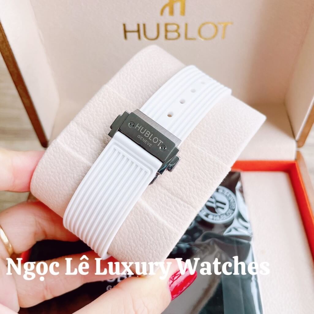 Đồng Hồ Nữ Hublot Big Bang Dây Silicon Trắng Vỏ Bạc Đính Đá Tròn Size 39mm