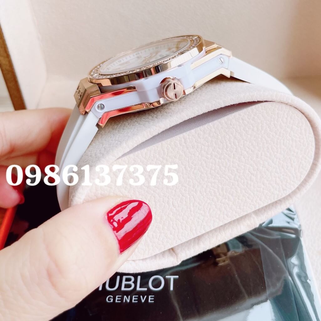 Đồng Hồ Nữ Hublot Big Bang Dây Silicon Trắng Vỏ Rose Đính Đá Tròn Size 39mm