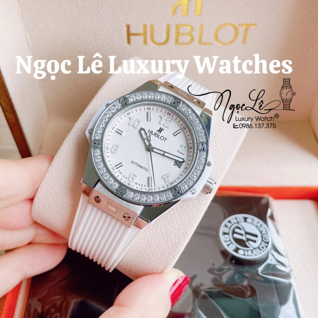 Đồng Hồ Nữ Hublot Big Bang Dây Silicon Trắng Vỏ Bạc Đính Đá Tròn Size 39mm
