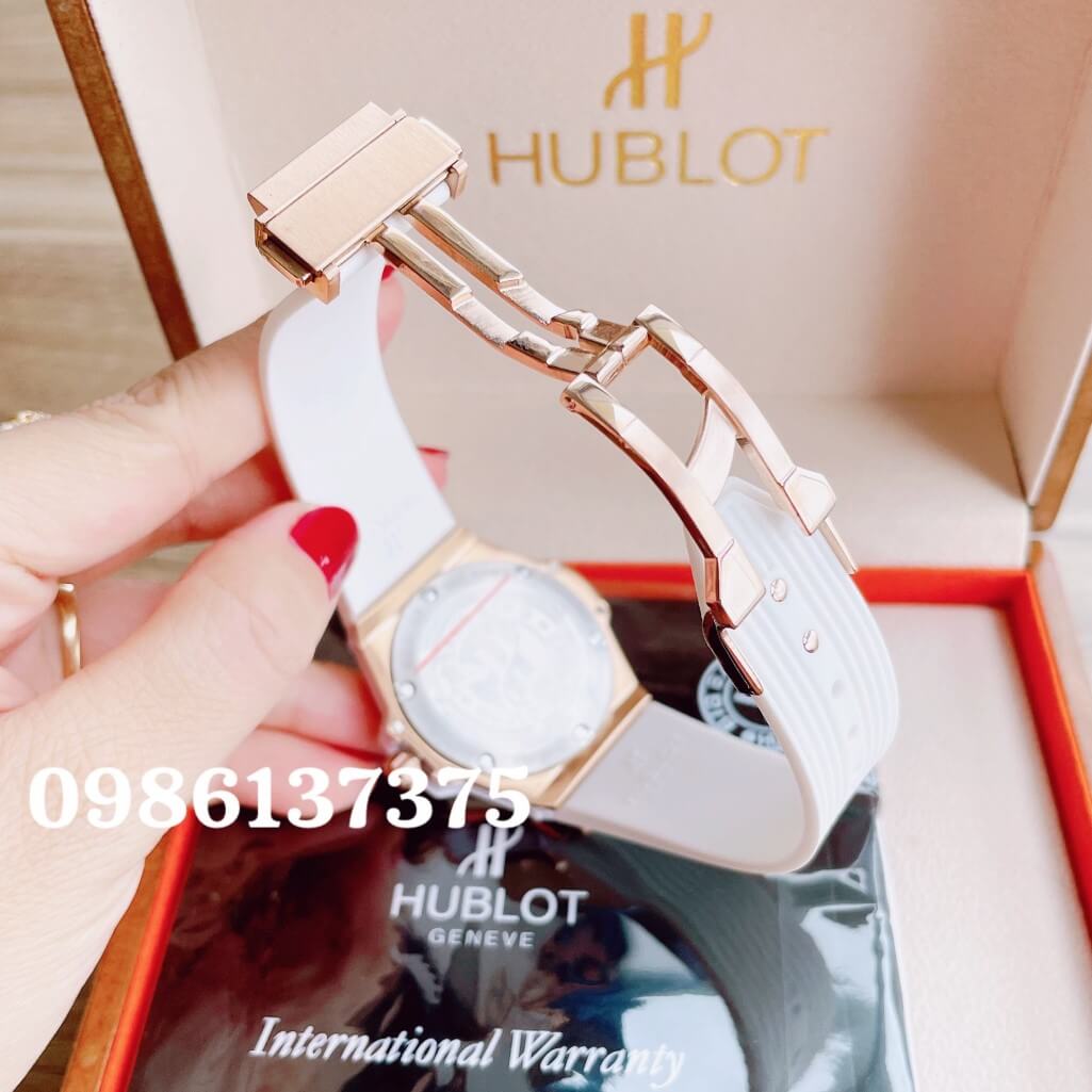 Đồng Hồ Nữ Hublot Big Bang Dây Silicon Trắng Vỏ Rose Đính Đá Tròn Size 39mm
