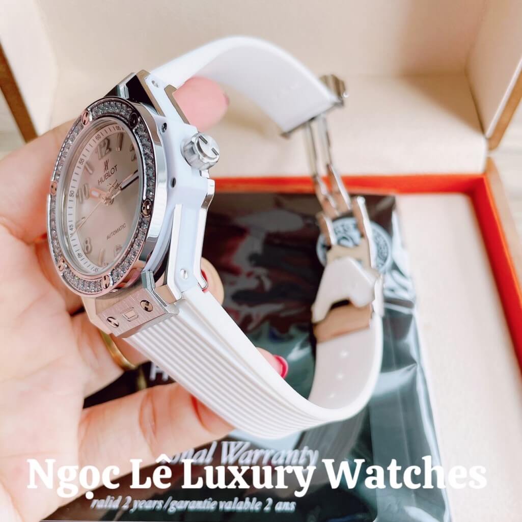 Đồng Hồ Nữ Hublot Big Bang Dây Silicon Trắng Vỏ Bạc Đính Đá Tròn Size 39mm