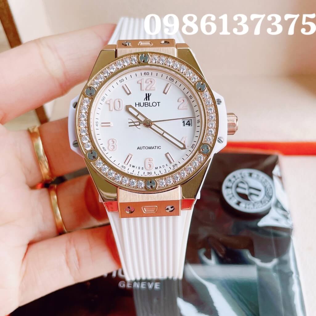 Đồng Hồ Nữ Hublot Big Bang Dây Silicon Trắng Vỏ Rose Đính Đá Tròn Size 39mm