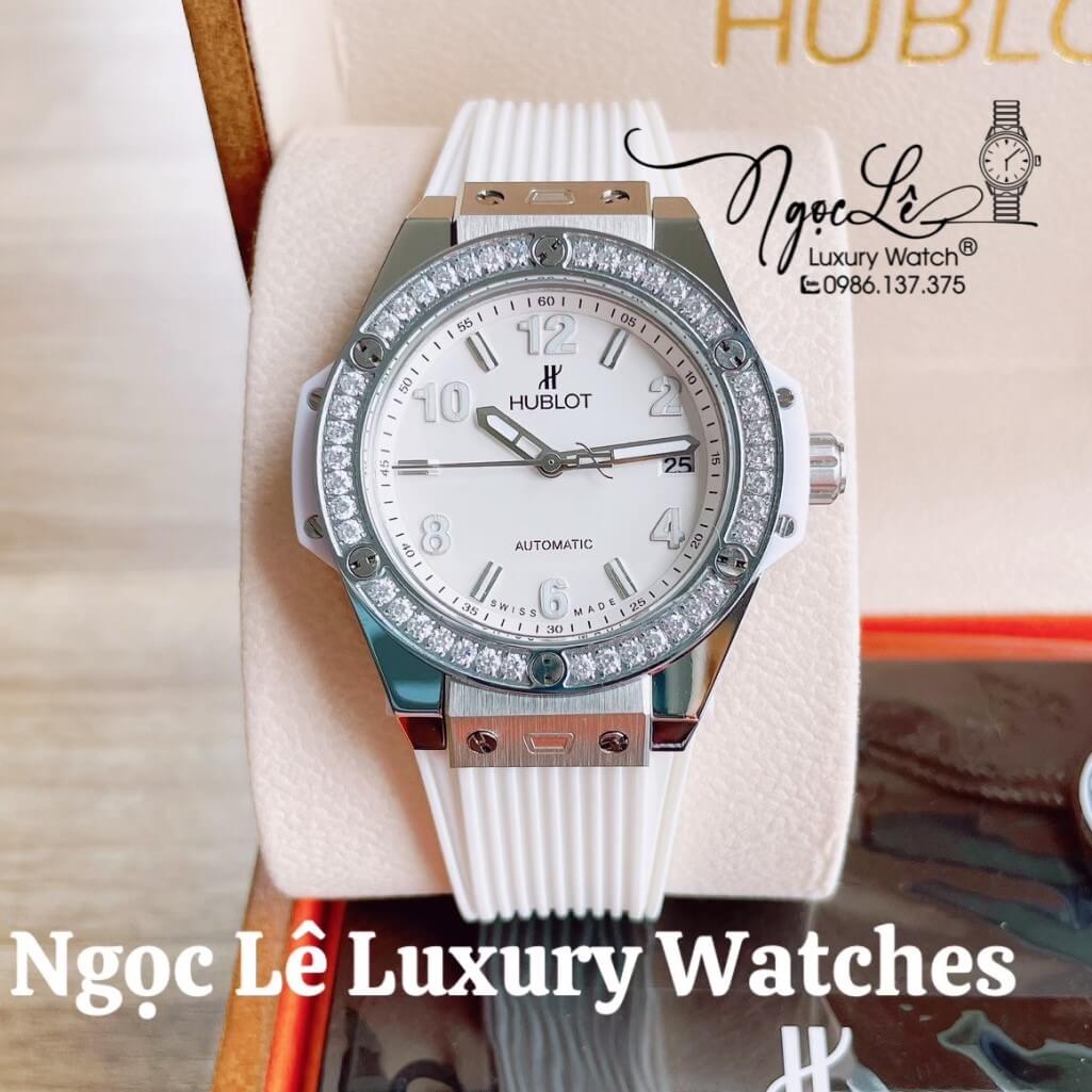 Đồng Hồ Nữ Hublot Big Bang Dây Silicon Trắng Vỏ Bạc Đính Đá Tròn Size 39mm
