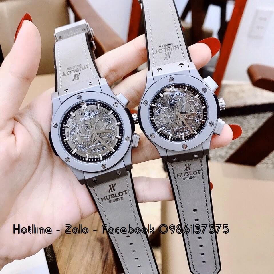 Đồng Hồ Cặp Hublot Dây Da Silicon Xám 42mm - 37mm (Silver)
