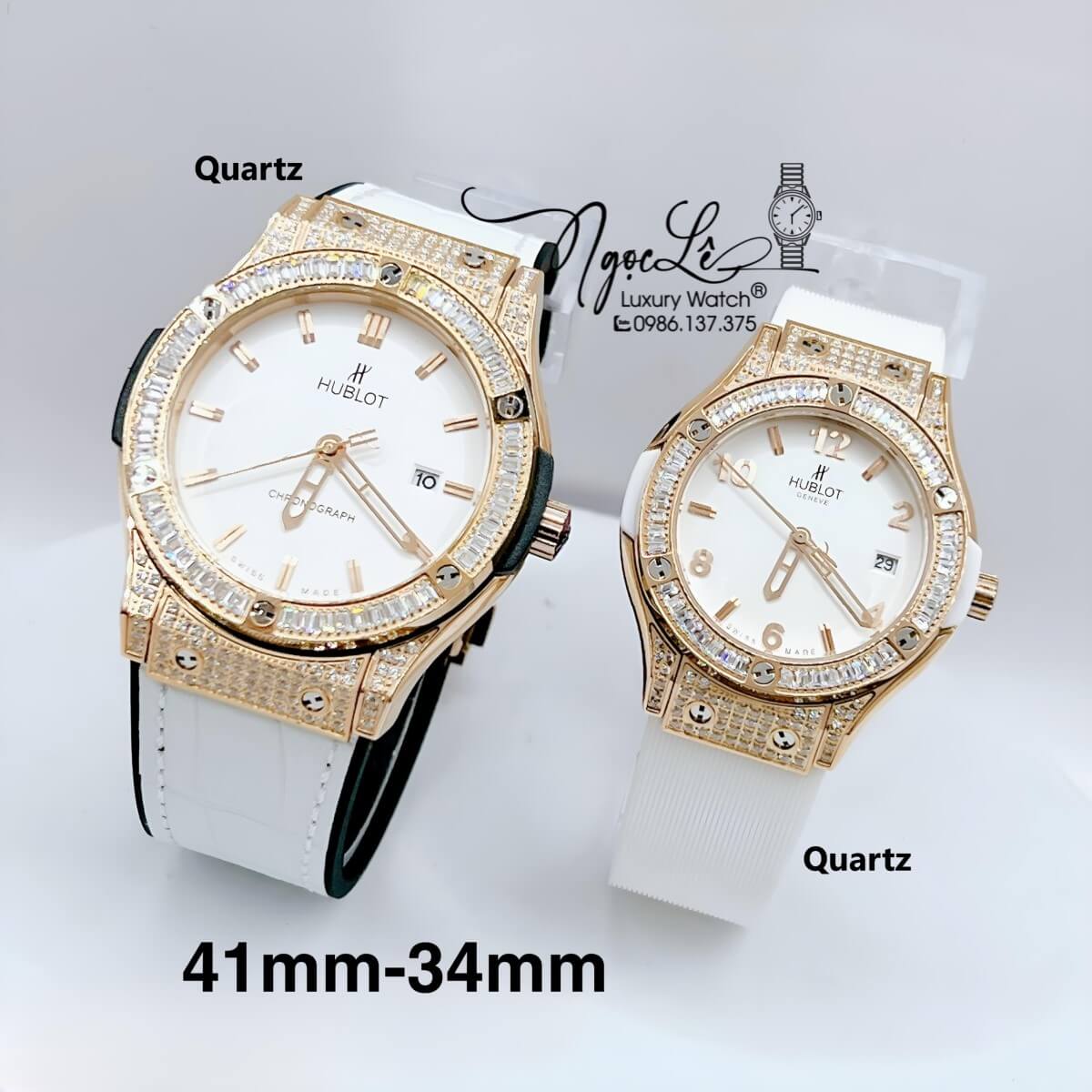 Đồng Hồ Cặp Hublot Classic Fusion Dây Trắng Đính Đá Vàng Hồng Size 41mm - 34mm