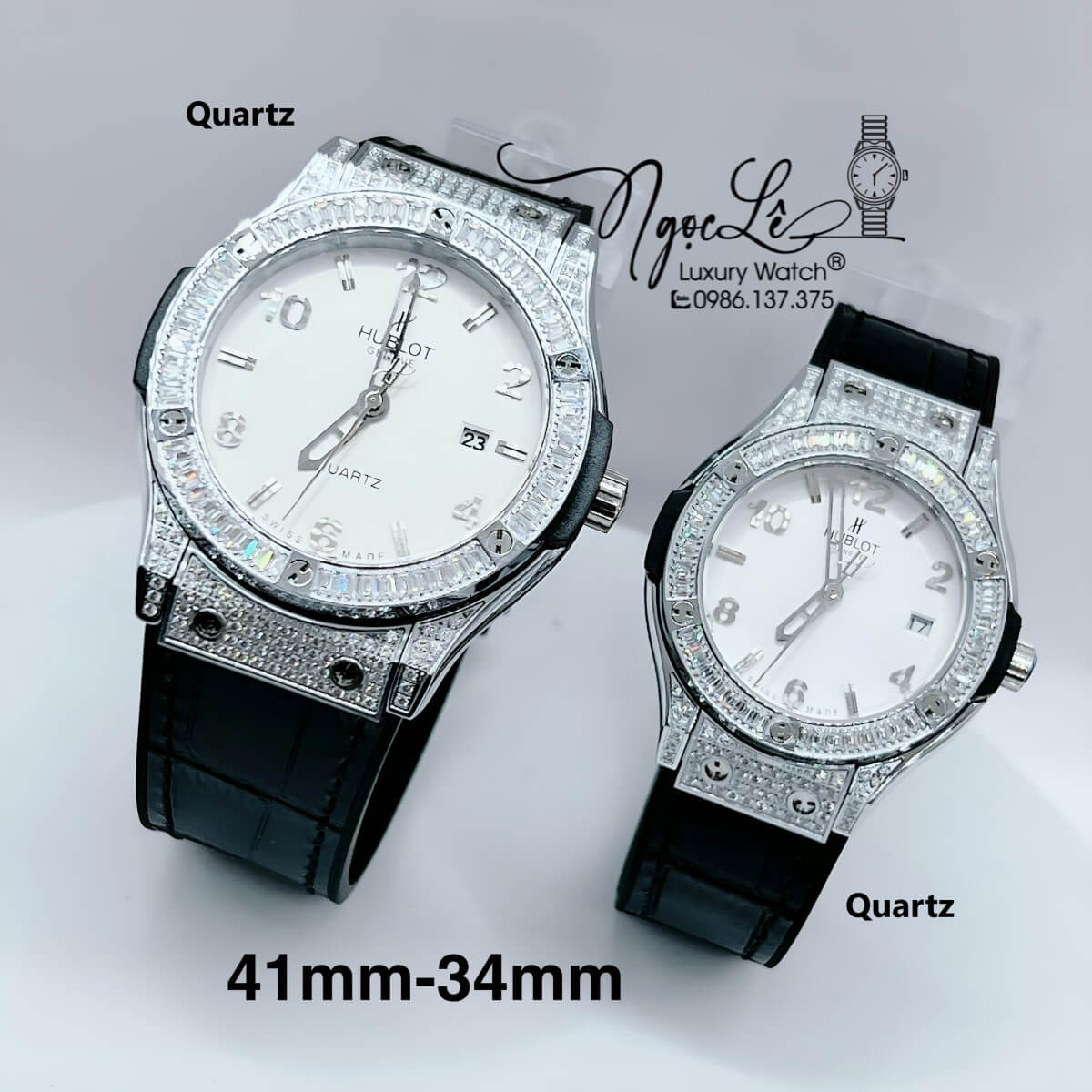 Đồng Hồ Cặp Hublot Classic Fusion Đen Mặt Trắng Đính Đá Bạc Size 41mm - 34mm