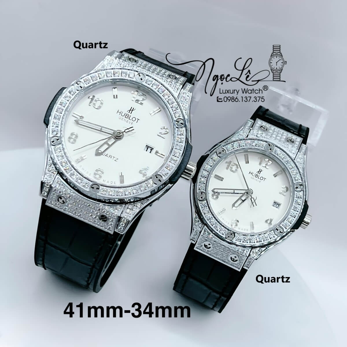 Đồng Hồ Cặp Hublot Classic Fusion Đen Mặt Trắng Đính Đá Bạc Size 41mm - 34mm