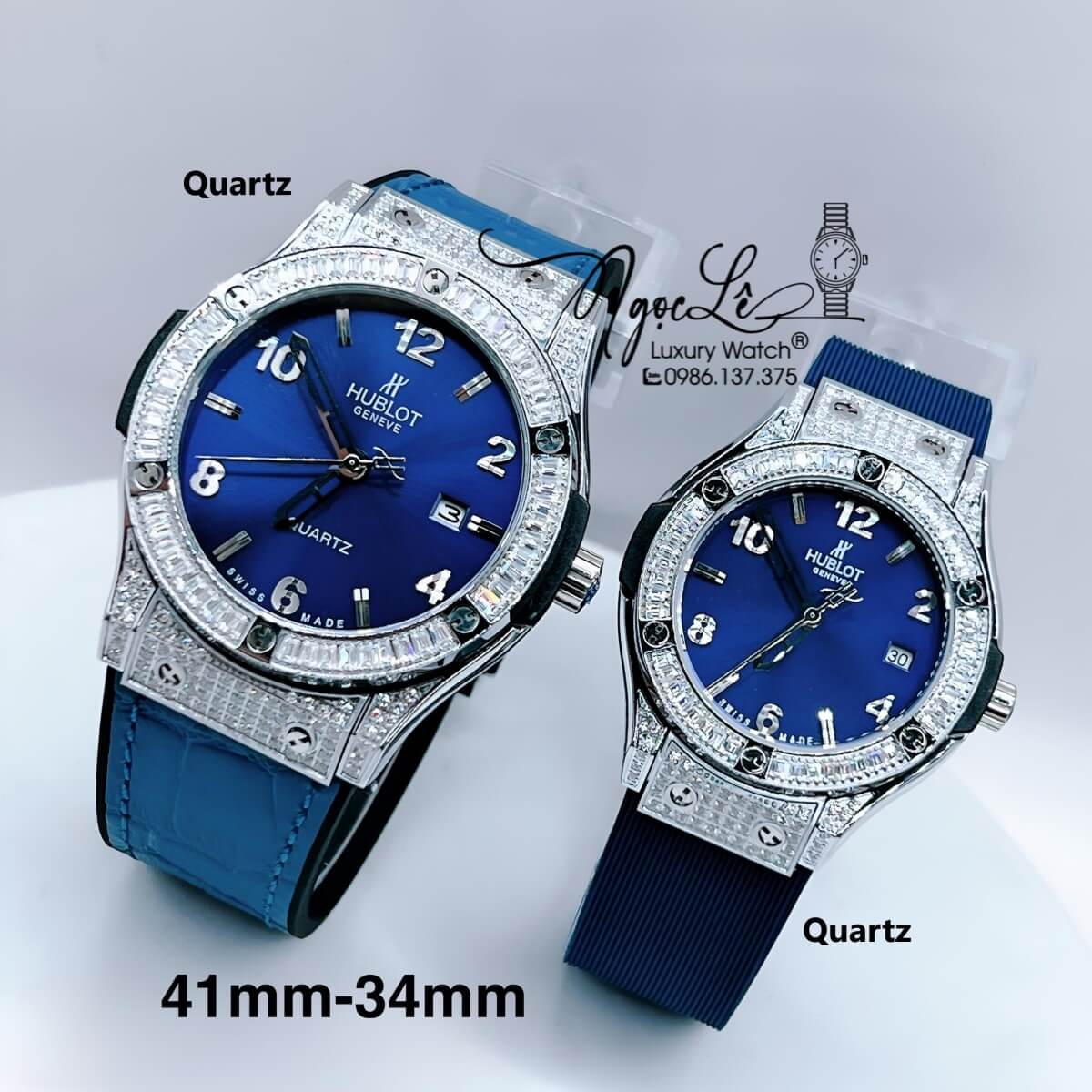 Đồng Hồ Cặp Hublot Classic Fusion Dây Xanh Dương Đính Đá Bạc Size 41mm - 34mm