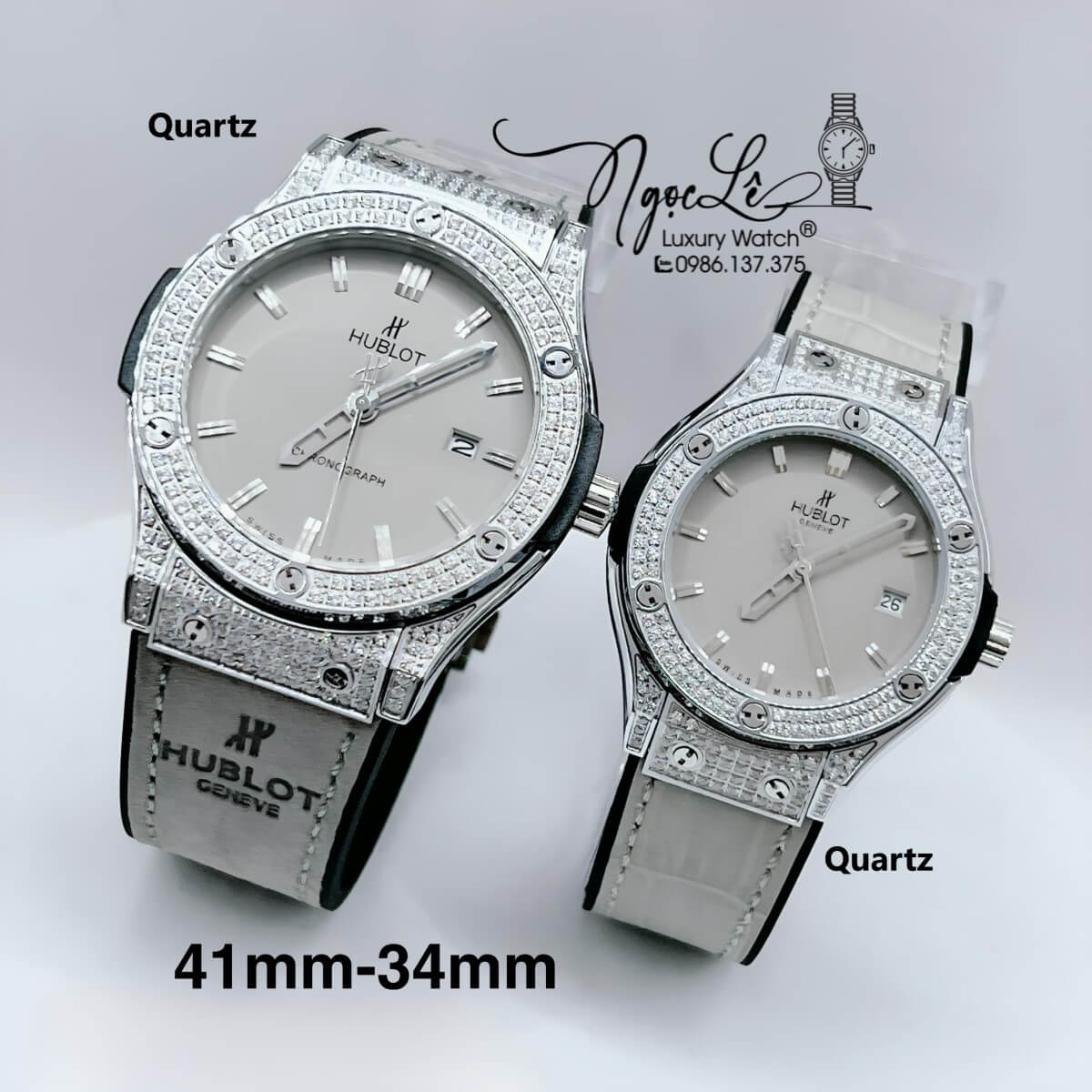 Đồng Hồ Cặp Hublot Classic Fusion Dây Da Silicon Xám Đính Đá Bạc Size 41mm - 34mm