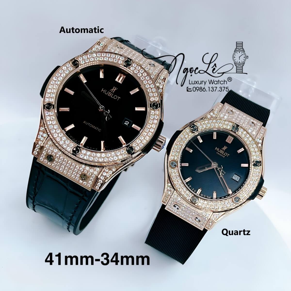 Đồng Hồ Cặp Hublot Classic Fusion Màu Đen Đính Đá Vỏ Rose - Nam Máy Tự Động 41mm - Nữ Máy Pin 34mm