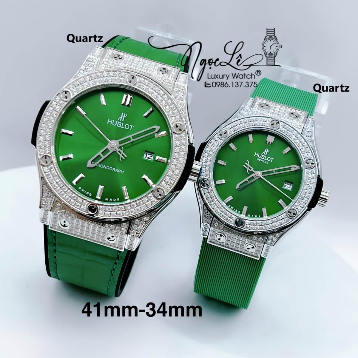 Đồng Hồ Cặp Hublot Classic Fusion Dây Da Silicon Xanh Lá Đính Đá Bạc Size 41mm - 34mm