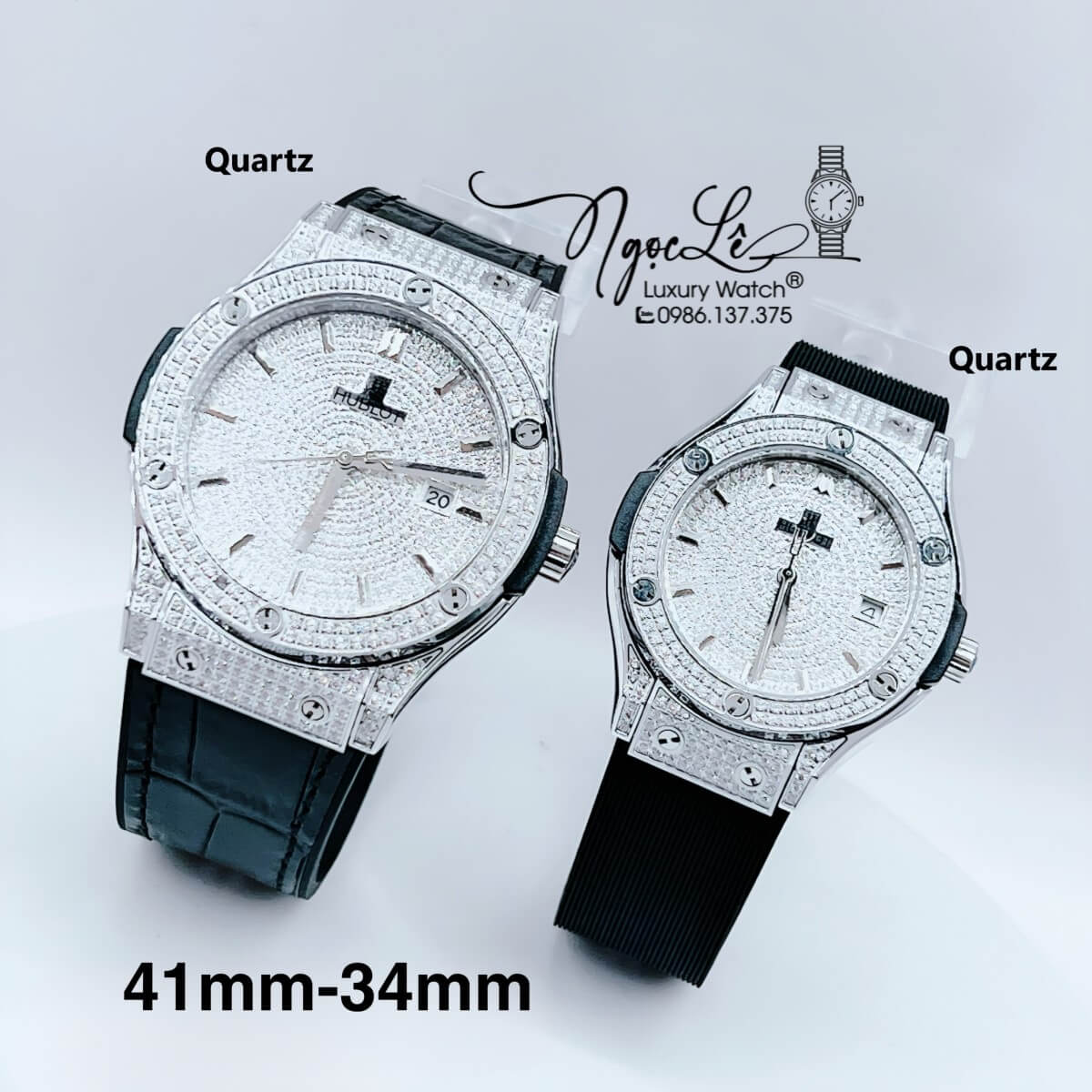 Đồng Hồ Cặp Hublot Classic Fusion Màu Đen Đính Full Đá Vỏ Bạc Máy Pin Size 41mm - 34mm