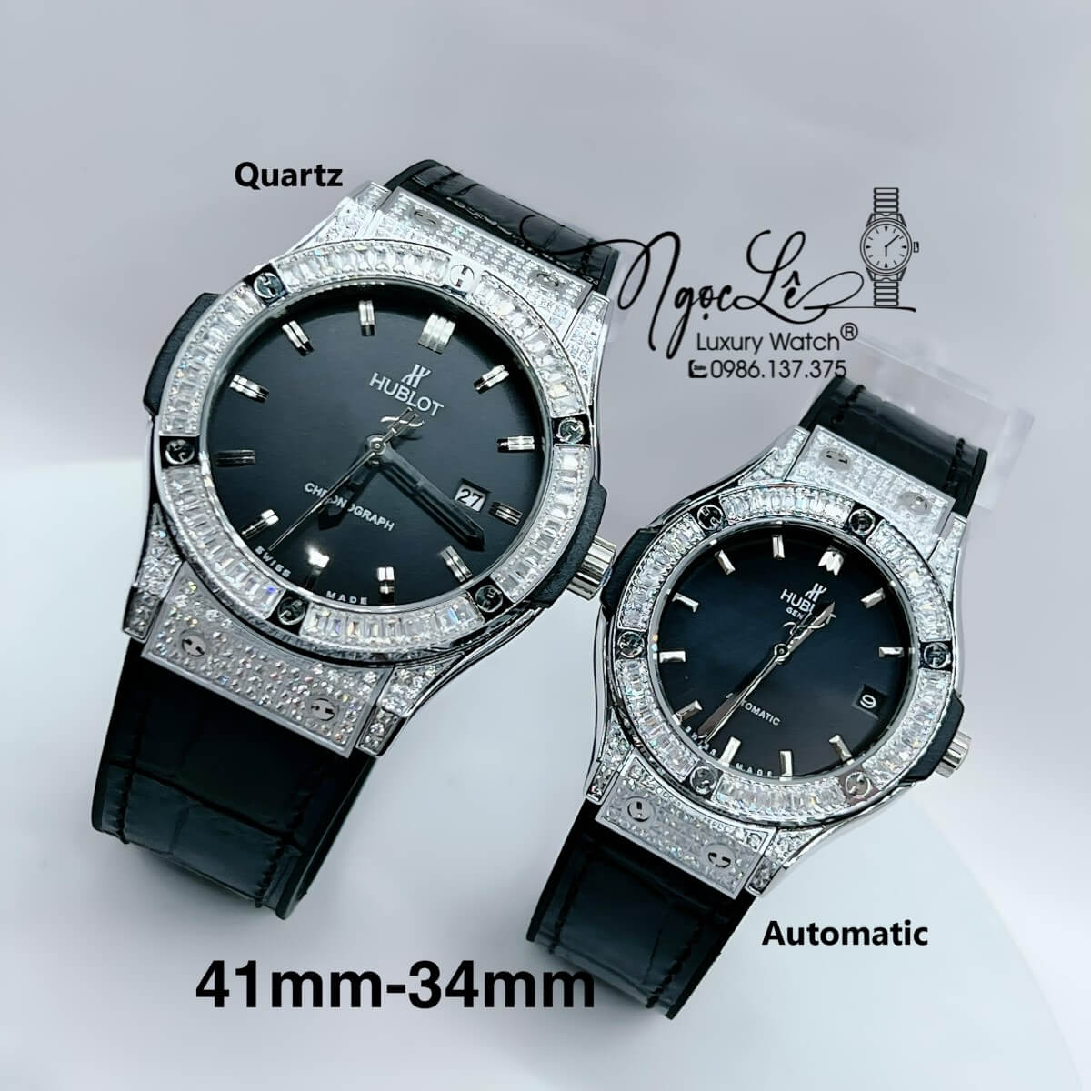 Đồng Hồ Cặp Hublot Classic Fusion Màu Đen Đính Đá Vỏ Bạc - Nam Máy Pin 41mm - Nữ Máy Tự Động 34mm