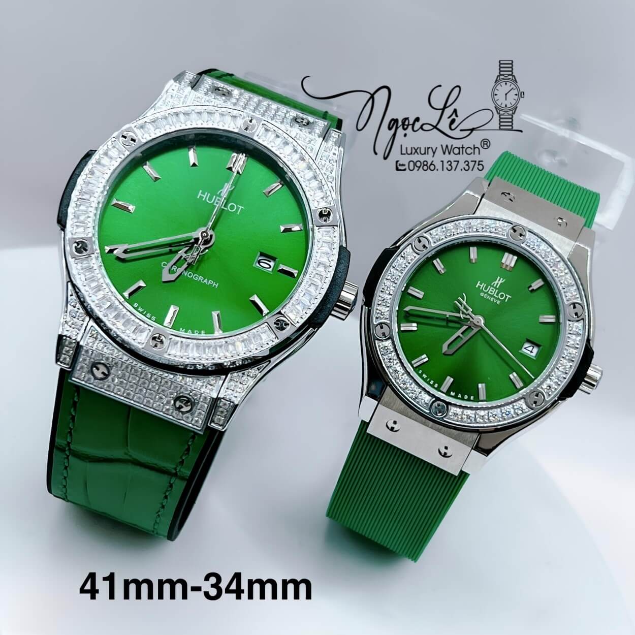 Đồng Hồ Cặp Hublot Classic Fusion Dây Silicon Xanh Đính Đá Vỏ Bạc Size 41mm - 34mm