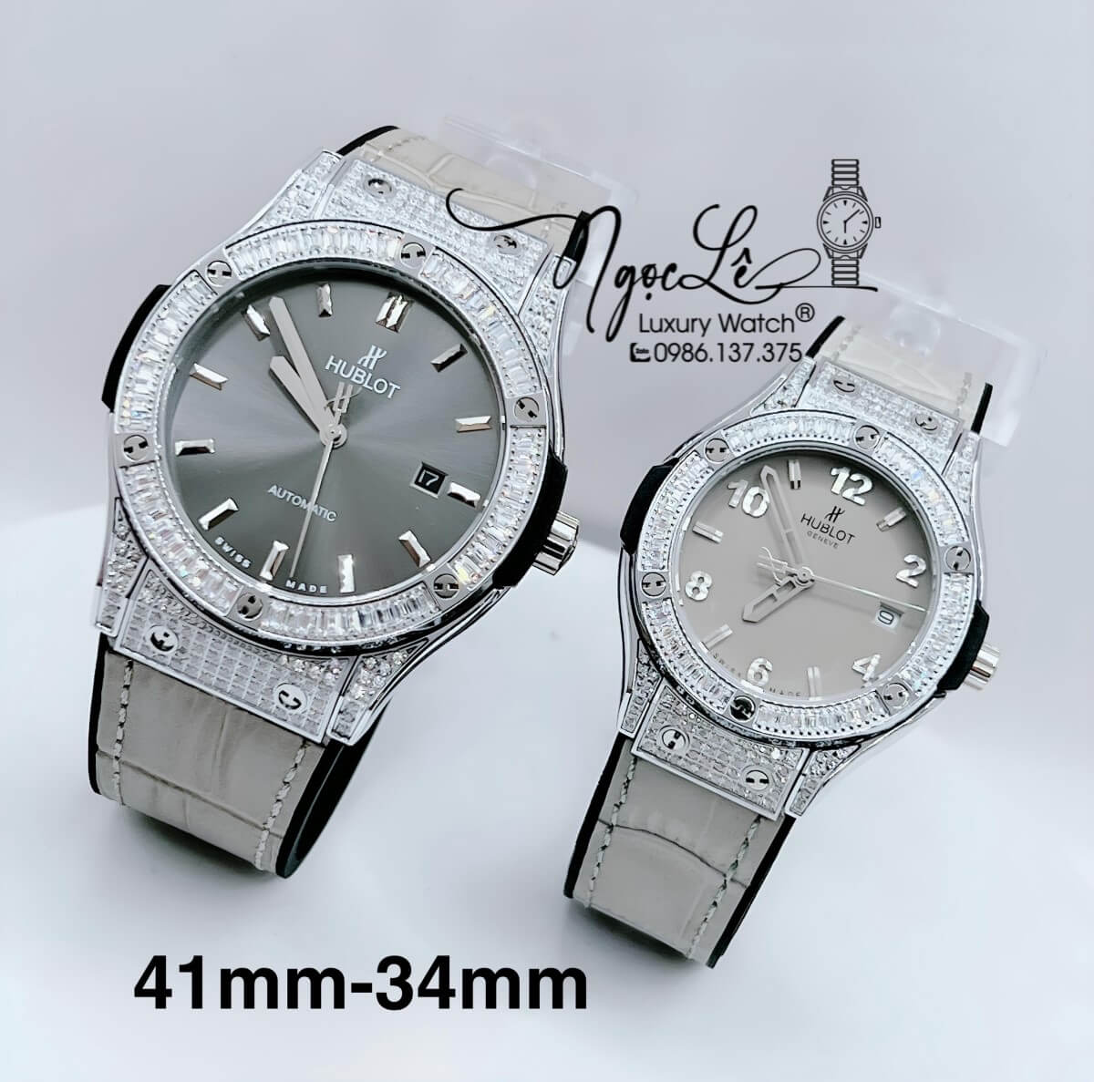 Đồng Hồ Cặp Hublot Classic Fusion Màu Xám Đính Đá Bạc - Nam Máy Tự Động Nữ Máy Pin - Size 41mm 34mm