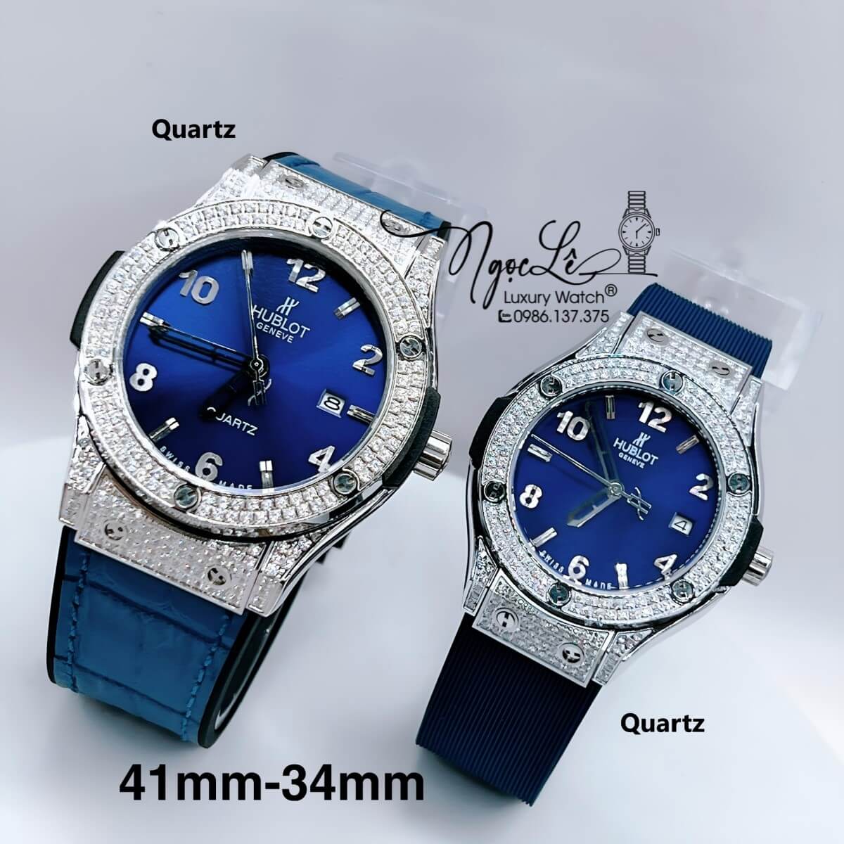 Đồng Hồ Cặp Hublot Classic Fusion Dây Da Silicon Xanh Dương Đính Đá Vỏ Bạc Size 41mm - 34mm