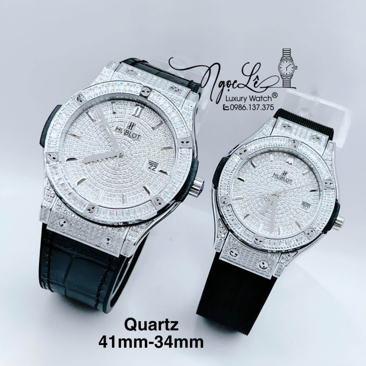 Đồng Hồ Cặp Hublot Classic Fusion Màu Đen Đính Full Đá Vỏ Bạc Máy Pin Size 41mm - 34mm