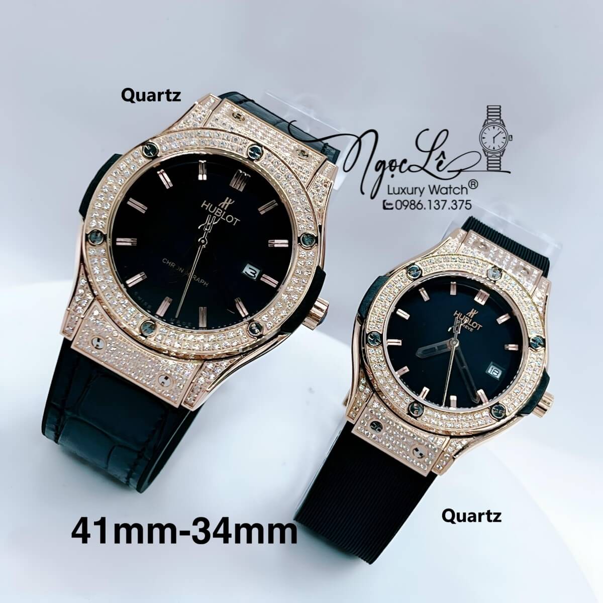 Đồng Hồ Cặp Hublot Classic Fusion Dây Da Silicon Đen Đính Đá Vỏ Rose Size 41mm - 34mm