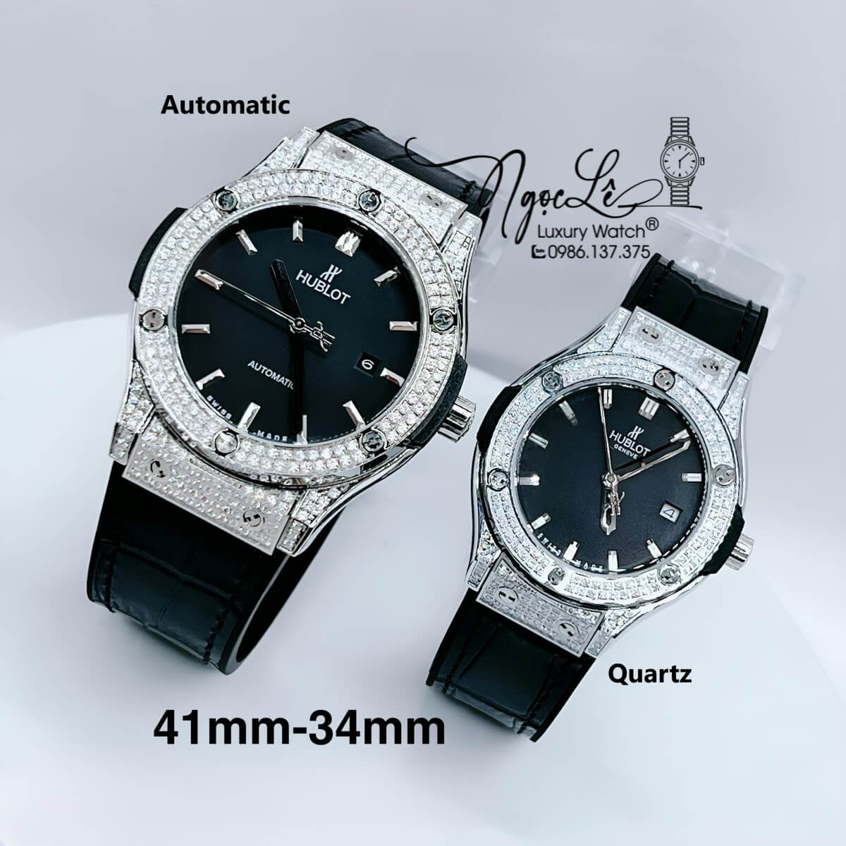 Đồng Hồ Cặp Hublot Classic Fusion Màu Đen Đính Đá Vỏ Bạc - Nam Máy Tự Động 41mm - Nữ Máy Pin 34mm