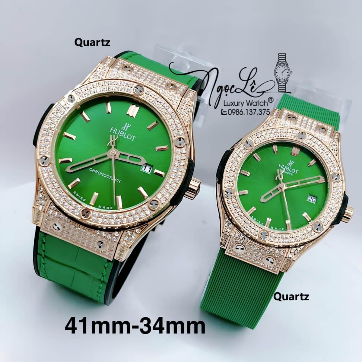 Đồng Hồ Cặp Hublot Classic Fusion Dây Da Silicon Xanh Lá Đính Đá Vỏ Rose Size 41mm - 34mm