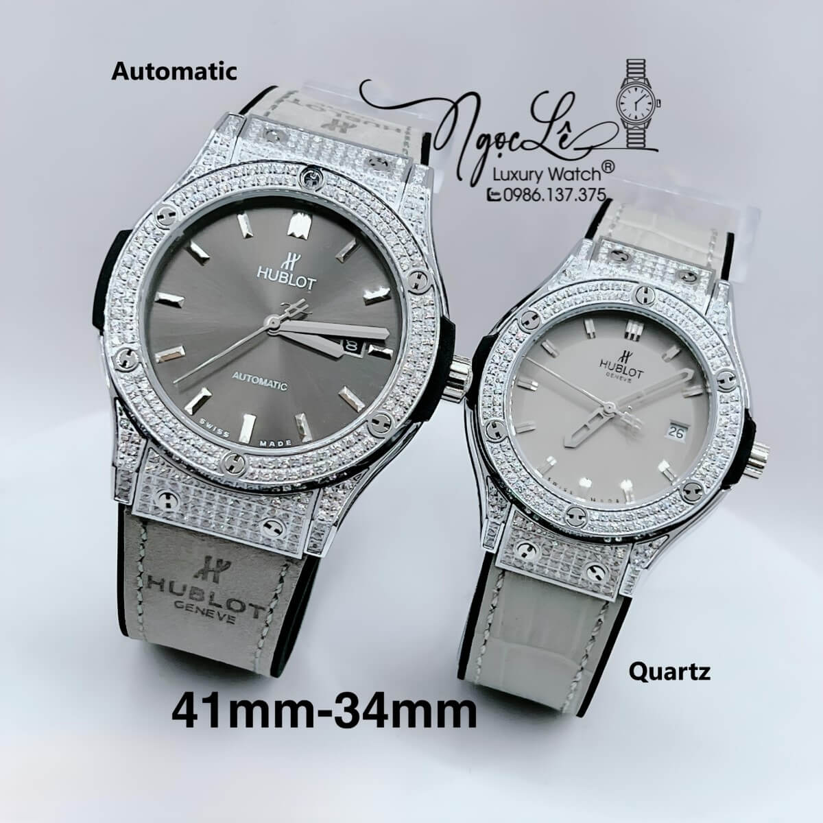Đồng Hồ Cặp Hublot Classic Fusion Màu Xám Đính Đá Bạc - Nam Máy Tự Động 41mm - Nữ Máy Pin 34mm