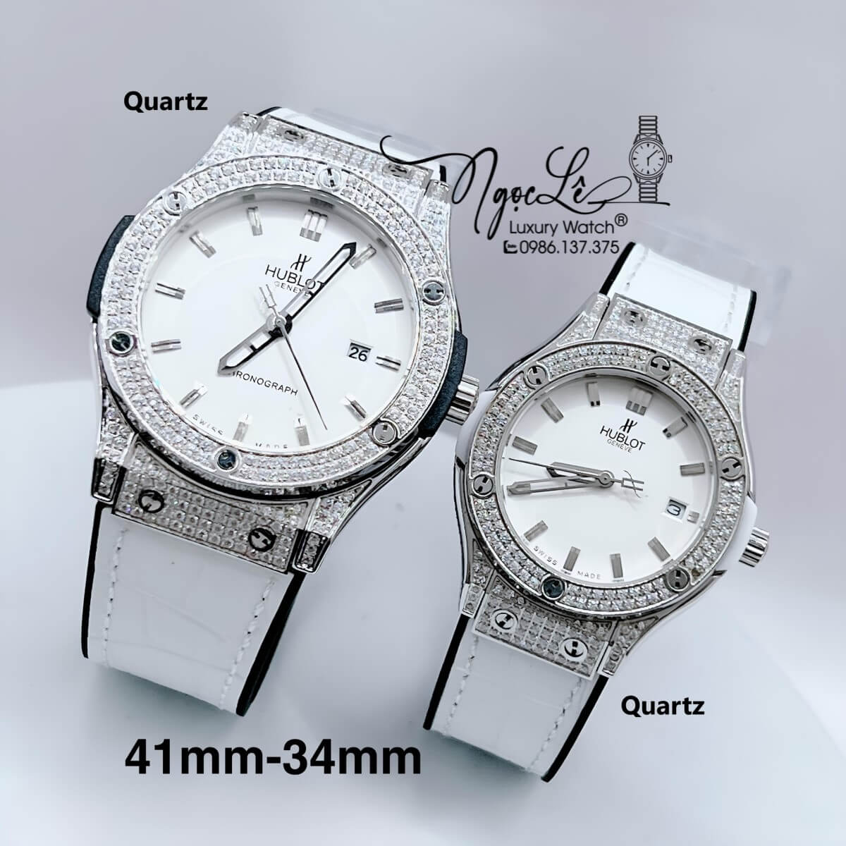 Đồng Hồ Cặp Hublot Classic Fusion Dây Da Silicon Trắng Đính Đá Vỏ Bạc Size 41mm - 34mm
