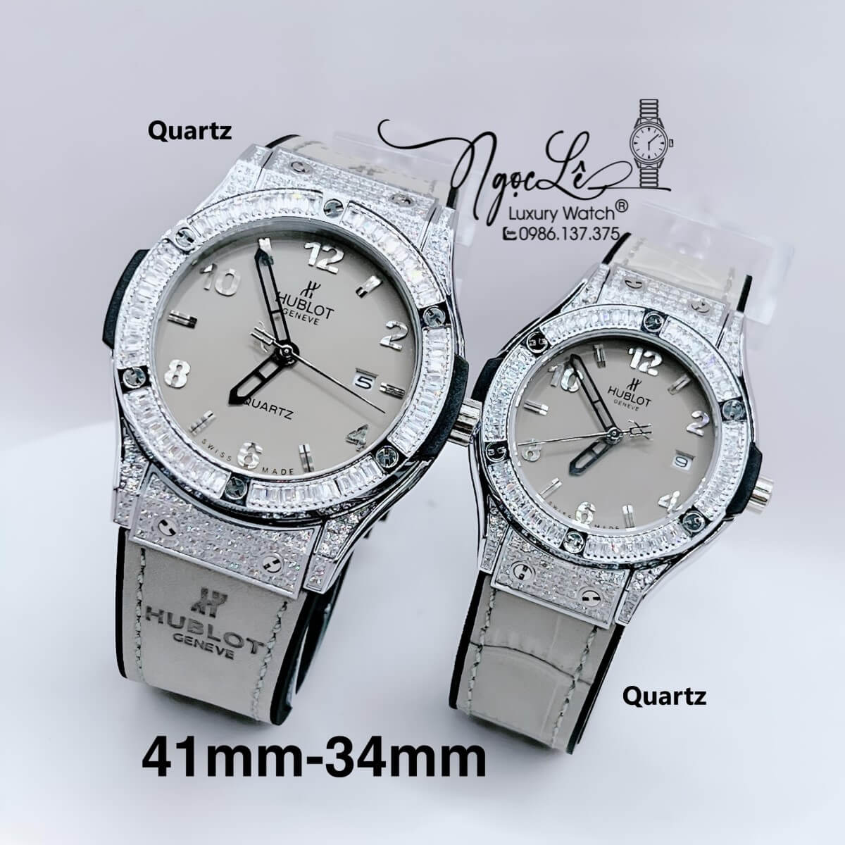 Đồng Hồ Cặp Hublot Classic Fusion Dây Da Silicon Xám Đính Đá Vỏ Bạc Size 41mm - 34mm