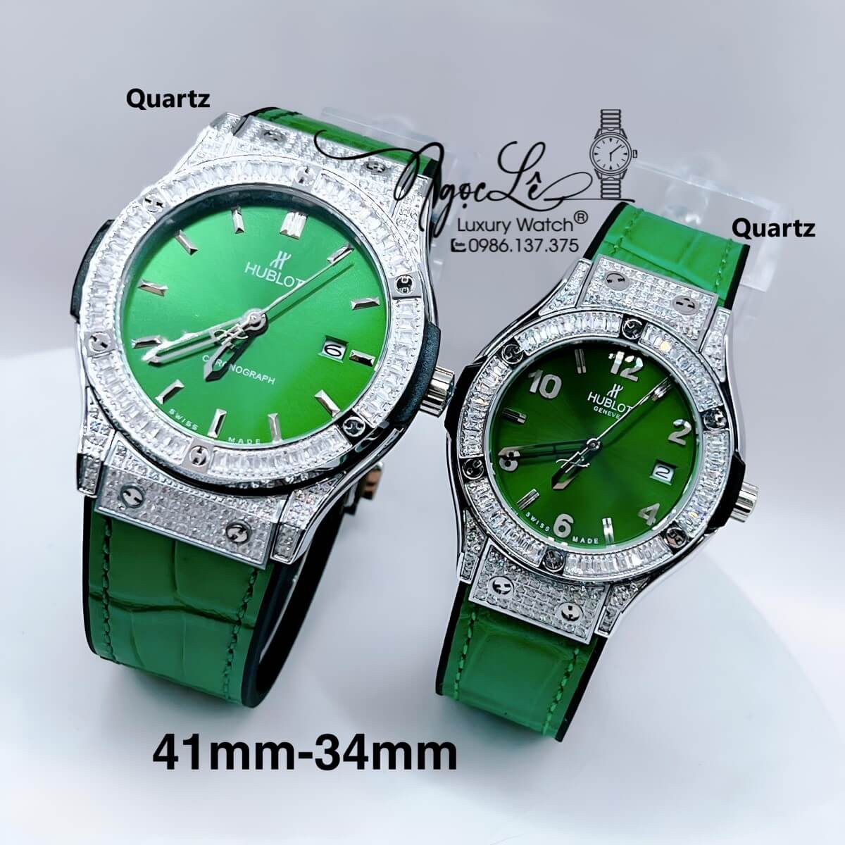 Đồng Hồ Cặp Hublot Classic Fusion Dây Da Silicon Xanh Lá Đính Đá Vỏ Bạc Size 41mm - 34mm