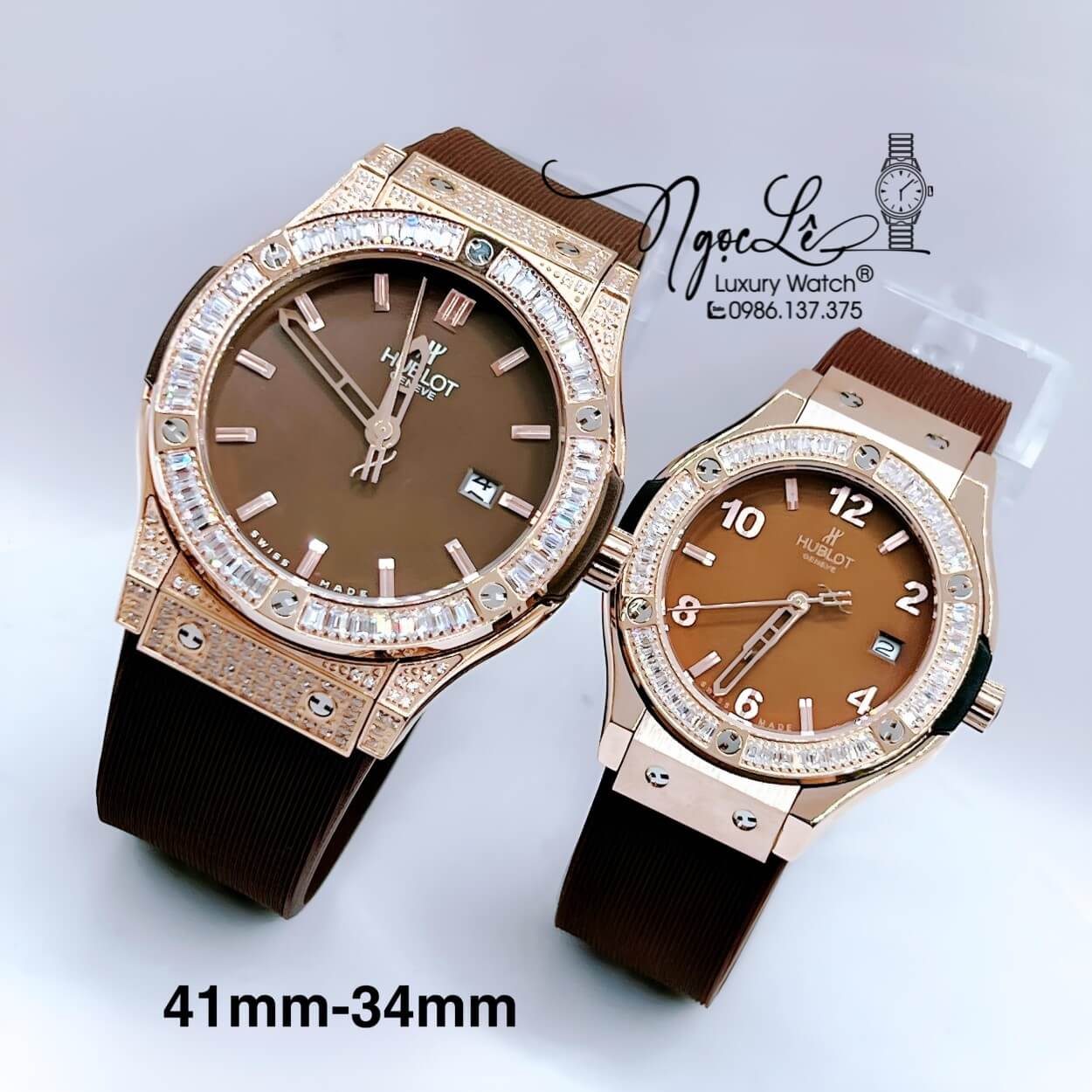 Đồng Hồ Cặp Hublot Classic Fusion Dây Silicon Nâu Đính Đá Vỏ Rose Size 41mm - 34mm