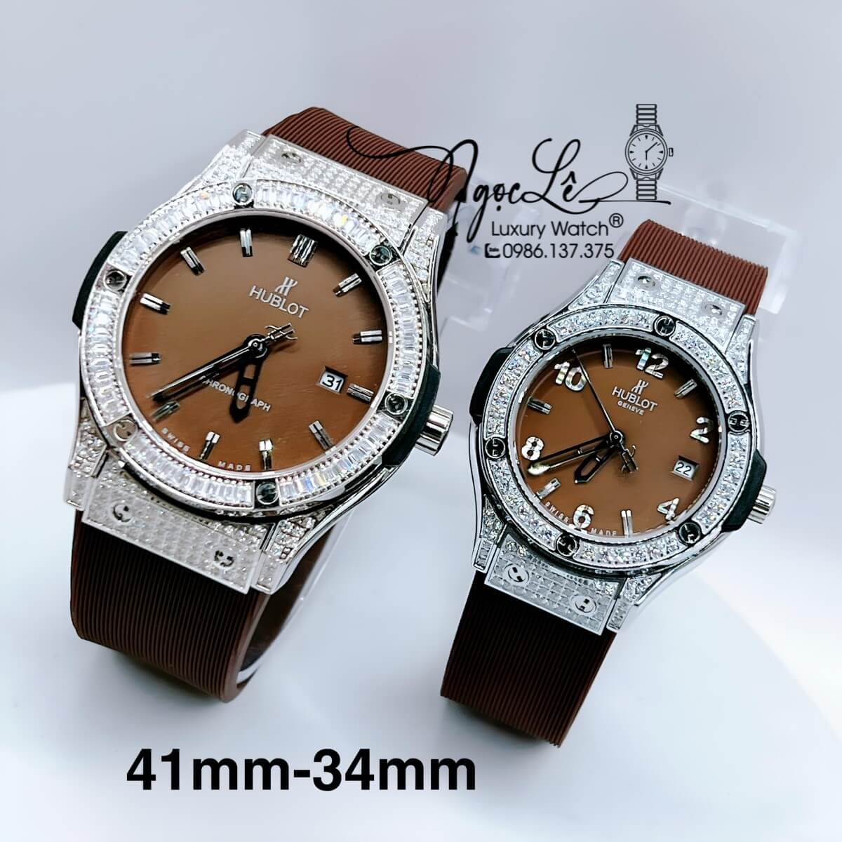 Đồng Hồ Cặp Hublot Classic Fusion Dây Silicon Nâu Đính Đá Vỏ Màu Bạc Size 41mm - 34mm
