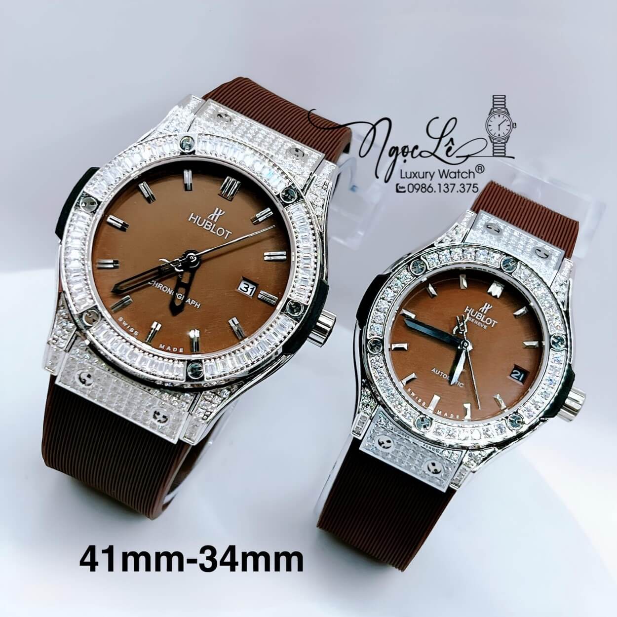 Đồng Hồ Cặp Hublot Classic Fusion Màu Nâu Đính Đá Vỏ Bạc - Nam Máy Pin 41mm - Nữ Máy Tự Động 34mm
