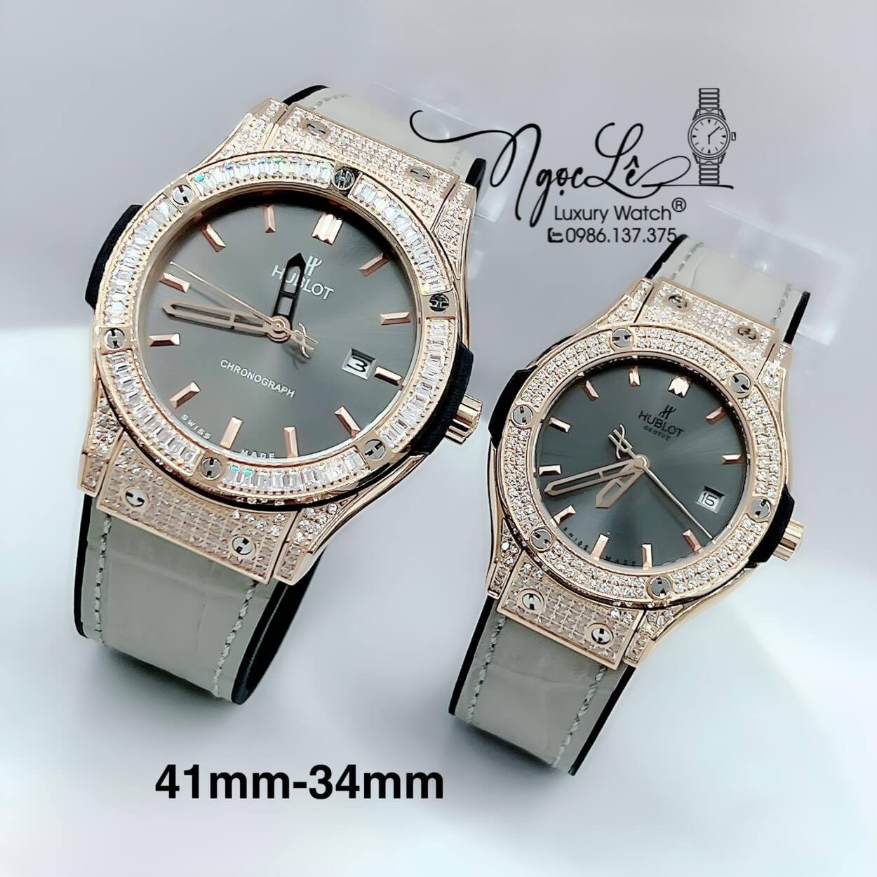 Đồng Hồ Cặp Hublot Classic Fusion Dây Da Silicon Xám Đính Đá Vỏ Rose Size 41mm - 34mm
