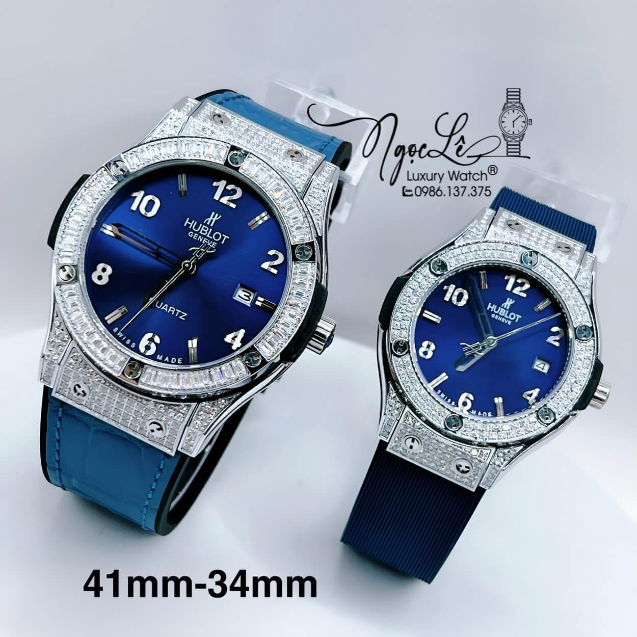 Đồng Hồ Cặp Hublot Classic Fusion Dây Da Silicon Xanh Dương Đính Đá Vỏ Bạc Size 41mm - 34mm