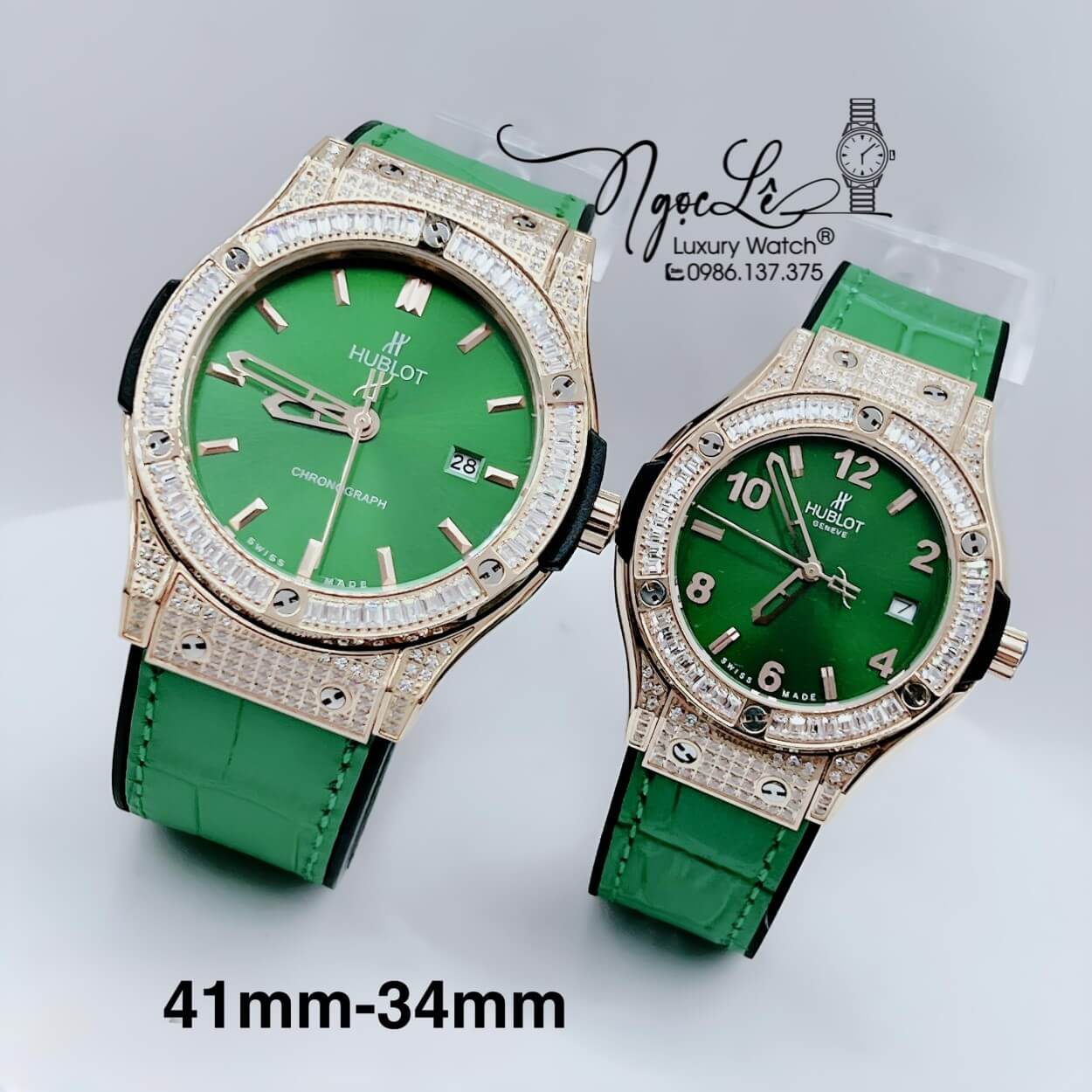 Đồng Hồ Cặp Hublot Classic Fusion Dây Da Silicon Xanh Lá Đính Đá Vỏ Rose Size 41mm - 34mm