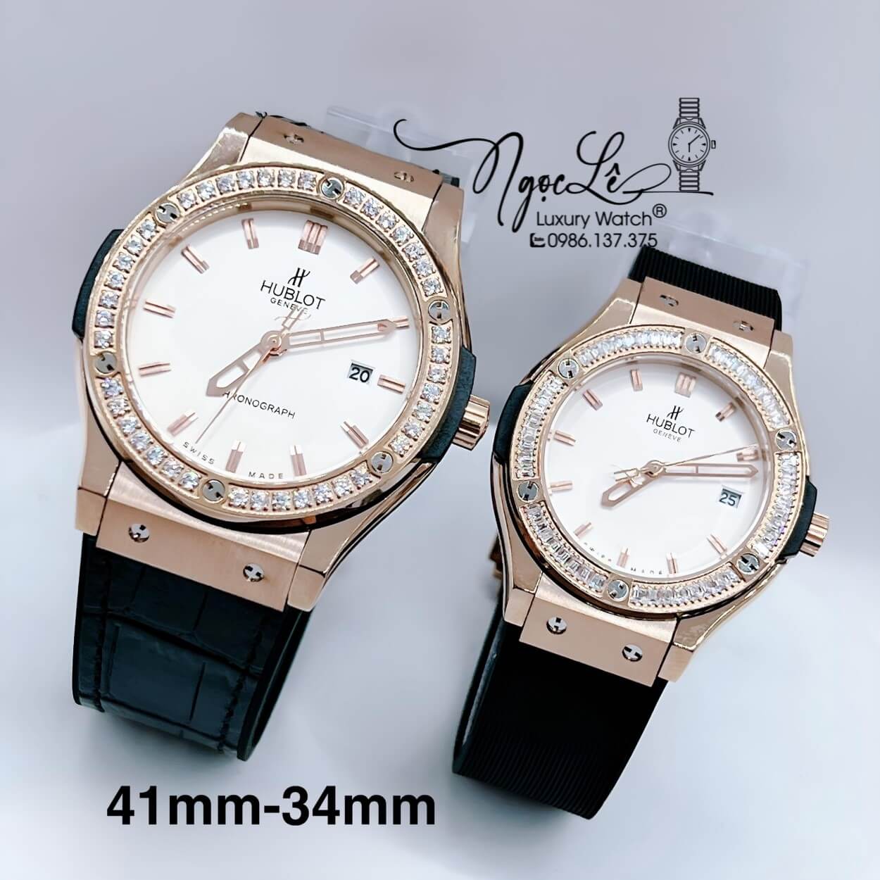 Đồng Hồ Cặp Hublot Classic Fusion Dây Silicon Đen Đính Đá Vỏ Rose Size 41mm - 34mm