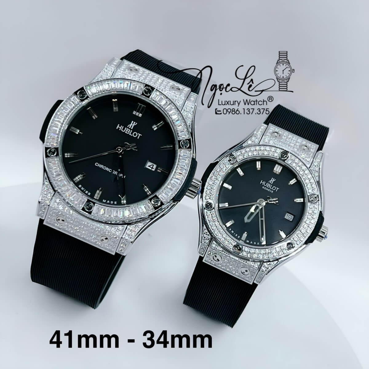Đồng Hồ Cặp Hublot Classic Fusion Dây Silicon Đen Đính Đá Vỏ Màu Bạc Size 41mm - 34mm