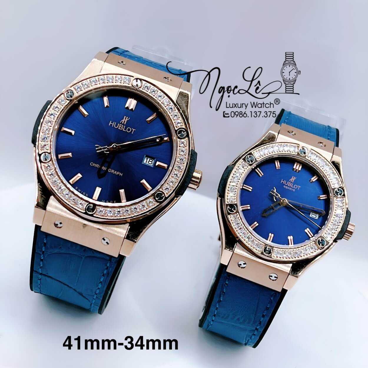Đồng Hồ Cặp Hublot Classic Fusion Dây Silicon Xanh Dương Đính Đá Vỏ Rose Size 41mm - 34mm