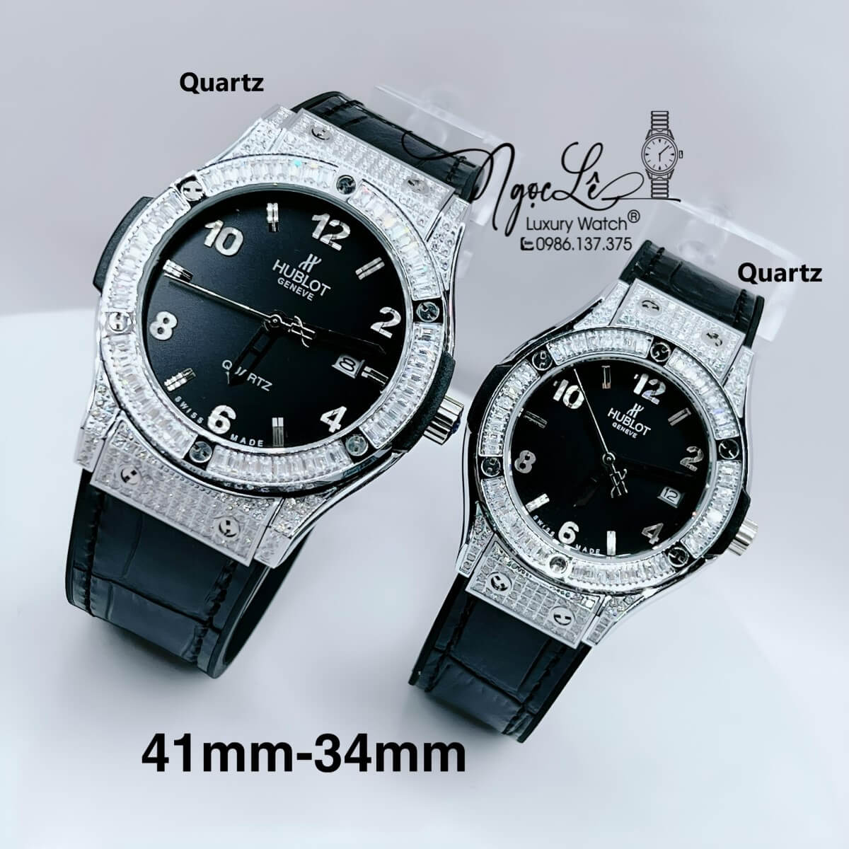 Đồng Hồ Cặp Hublot Classic Fusion Dây Da Đen Đính Đá Vỏ Màu Bạc Size 41mm - 34mm