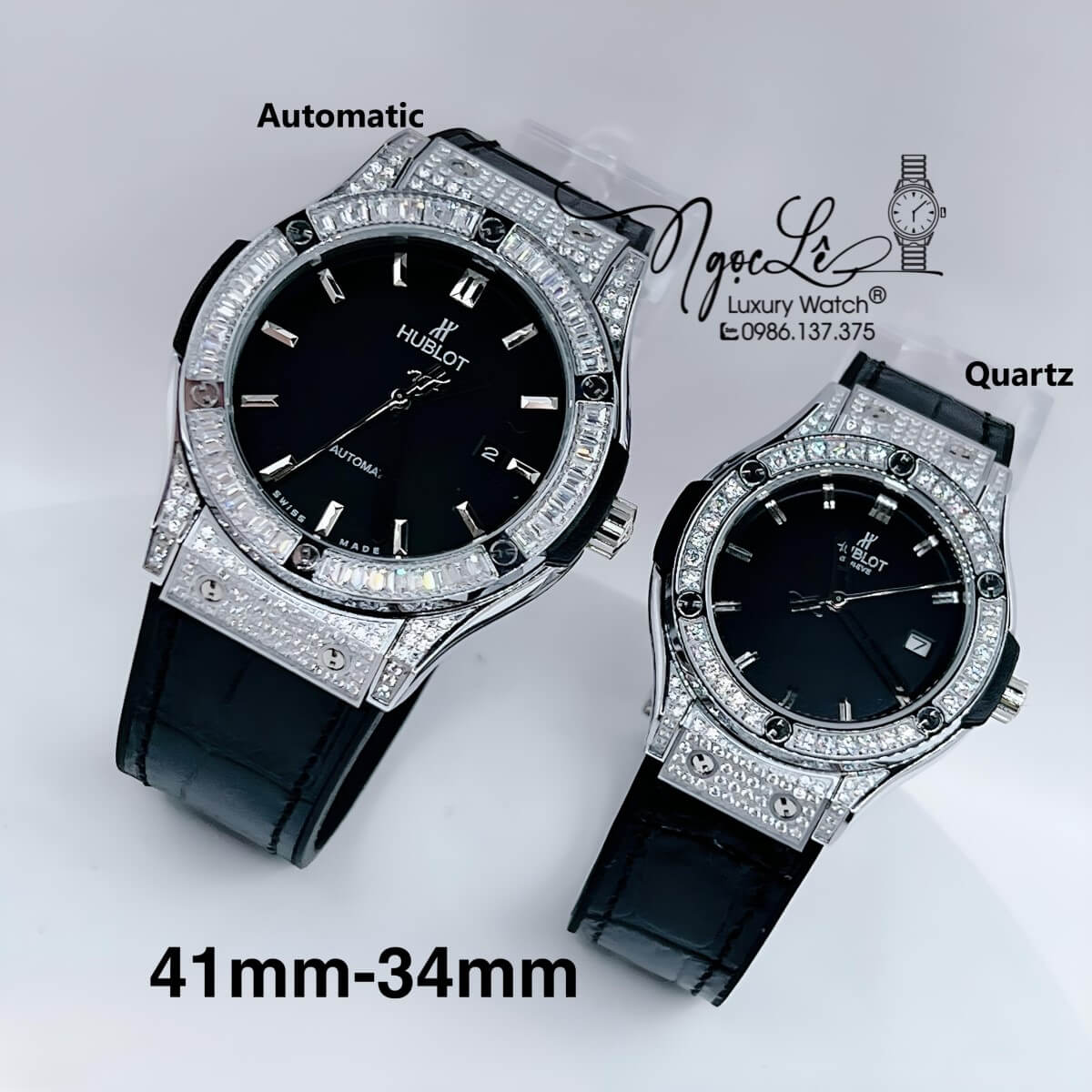 Đồng Hồ Cặp Hublot Classic Fusion Màu Đen Đính Đá Bạc - Nam Máy Tự Động Nữ Máy Pin - Size 41mm 34mm