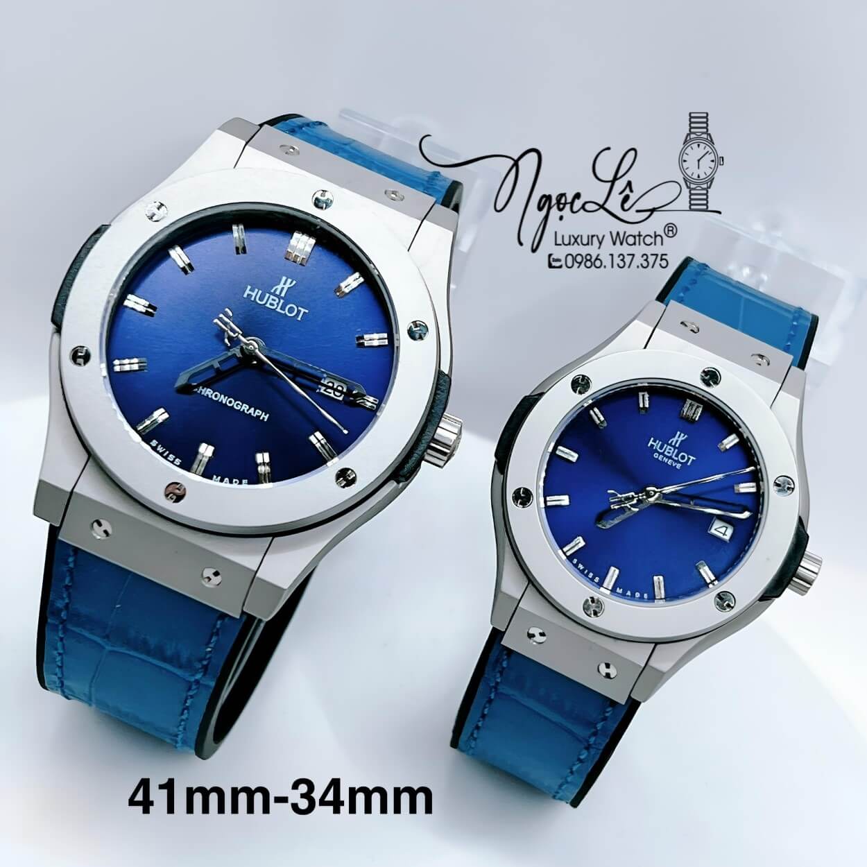 Đồng Hồ Cặp Hublot Classic Fusion Dây Da Silicon Xanh Dương Vỏ Bạc Size 41mm - 34mm