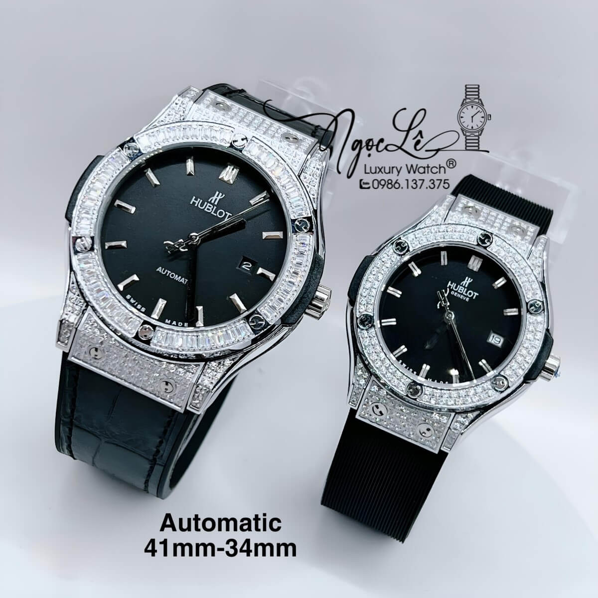 Đồng Hồ Cặp Hublot Classic Fusion Màu Đen Đính Đá Bạc Máy Tự Động Size 41mm 34mm