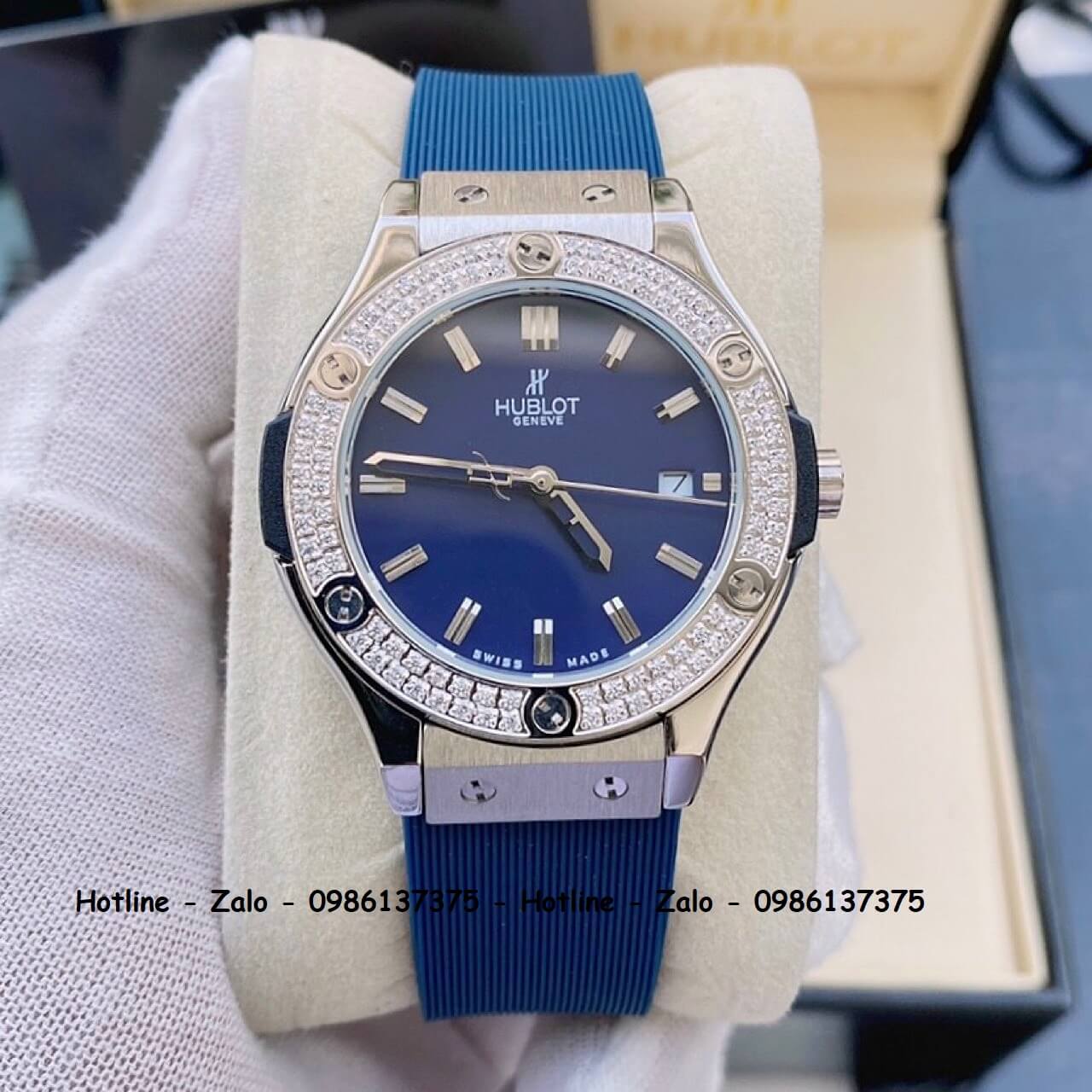 Đồng Hồ Hublot Nữ Siêu Cấp Dây Silicon Xanh 34mm Đính Đá Silver