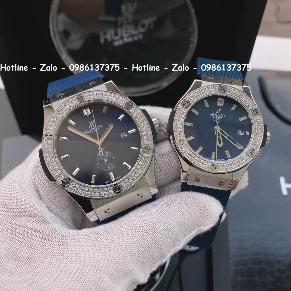 Đồng Hồ Cặp Hublot Siêu Cấp Dây Silicon Xanh 42mm - 34mm