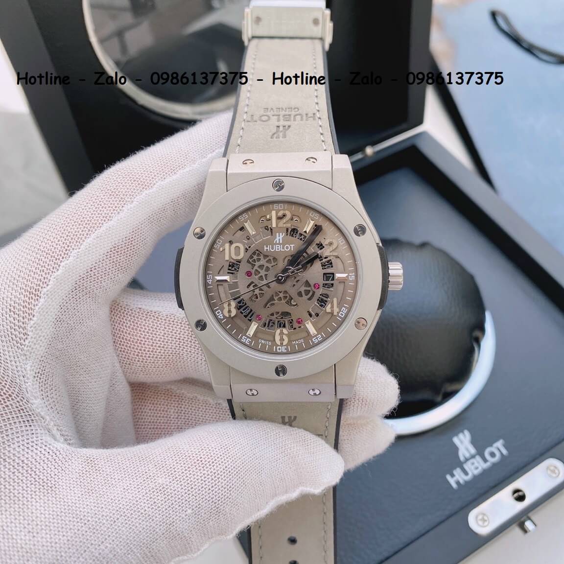 Đồng Hồ Hublot Automatic Nam Dây Da Silicon Xám 42mm