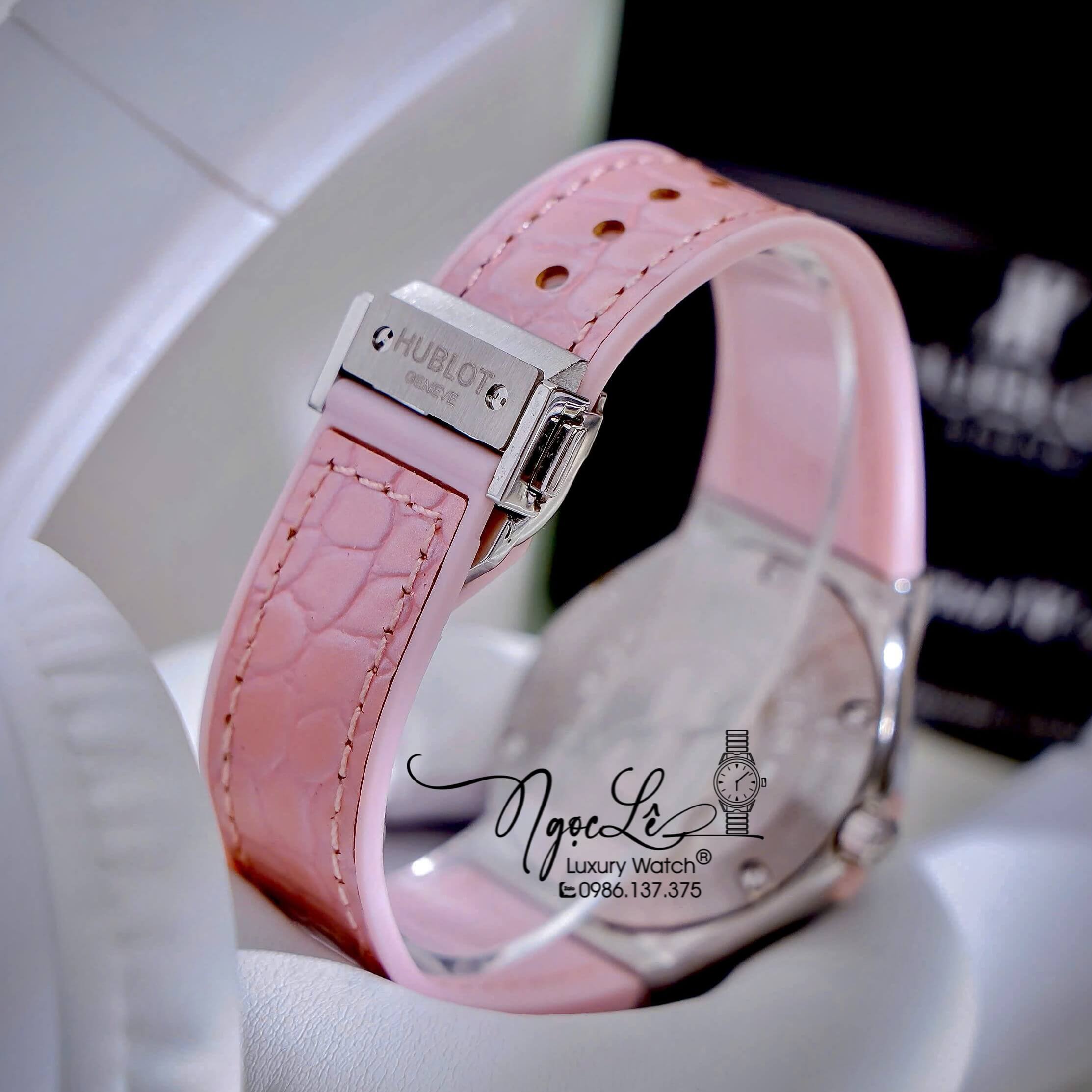 Đồng Hồ Nữ Hublot Classic Fusion Cao Su Bọc Da Hồng Đính Đá Vỏ Silver Size 34mm - Máy Quartz