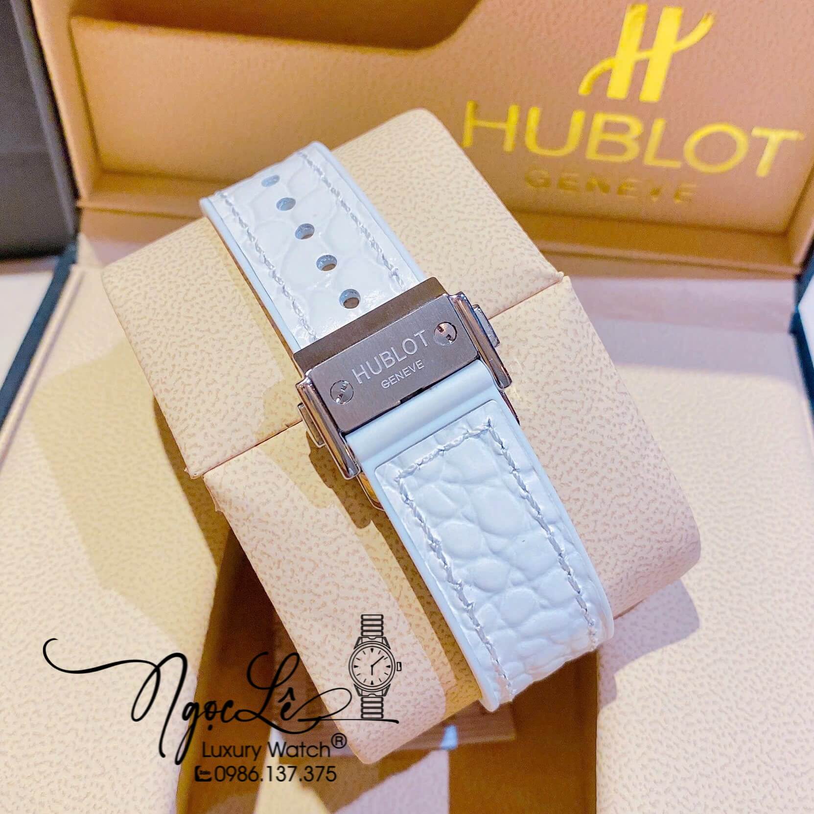 Đồng Hồ Nữ Hublot Classic Fusion Cao Su Bọc Da Trắng Đính Đá Vỏ Silver Size 34mm - Máy Quartz